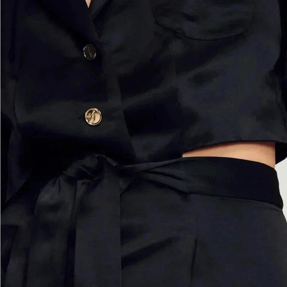 SANDRO Short Openwork Black Satin dress, Size 4, button down, collar. - Picture 4 of 8